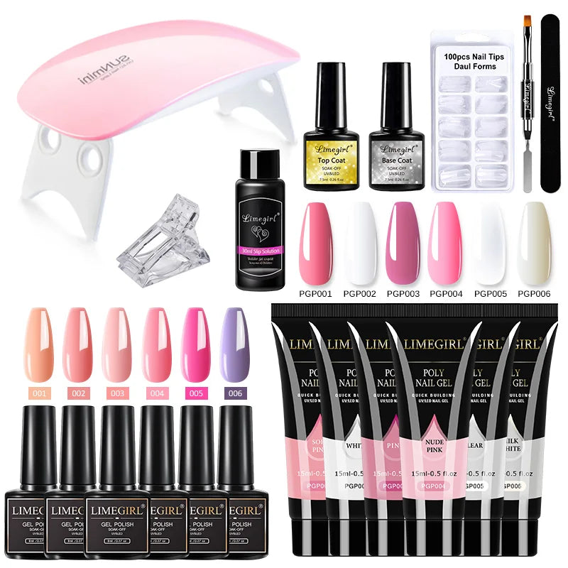 Nail Extension Kit Acrylic Gel Polish Nail Polish with UV LED Nail Lamp Manicure Kit and Base Coat Top Coat for Salon and Home