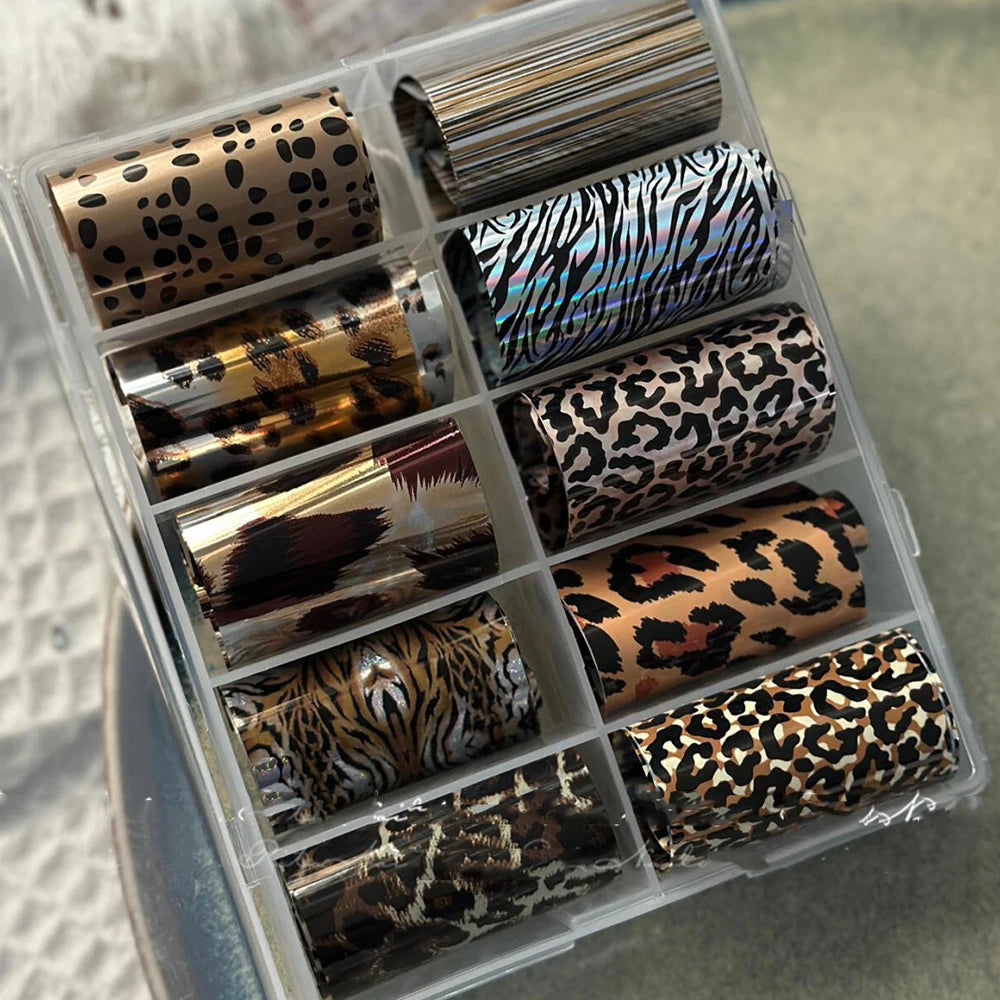10Rolls 4*50cm Sexy Leopard Print Nail Foil Transfer Stickers Wild Animal Skin Decals Y2K Hot Girl Leopard Nail Art Decorations