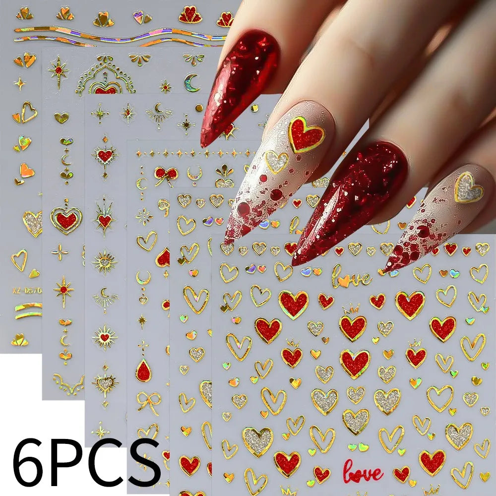 8pc 3D Mixed Color Heart Nail Stickers Valentines' Day Sweet Red Pink Love Selfadhesive Nail Decoration Decals Manicure Supplies