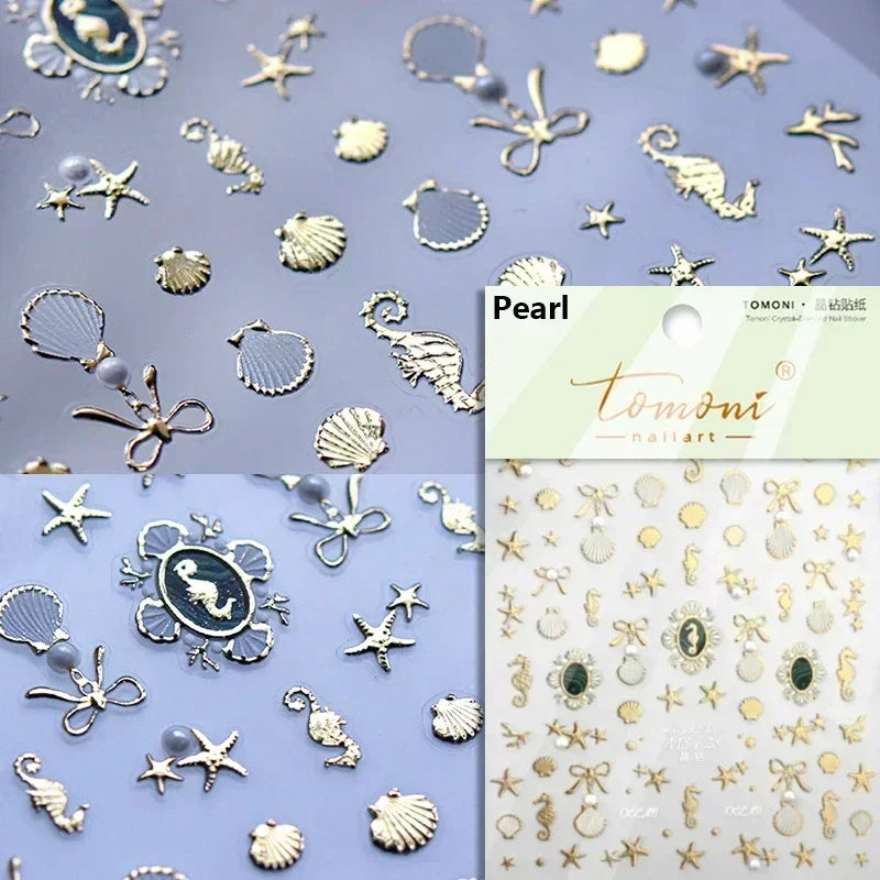 Sea Wave Jellyfish Starfish Conch Shell Dolphin Pearl Summer Beach Goldfish Water Bubble Mermaid Koi INS Nail Art Stickers Decal