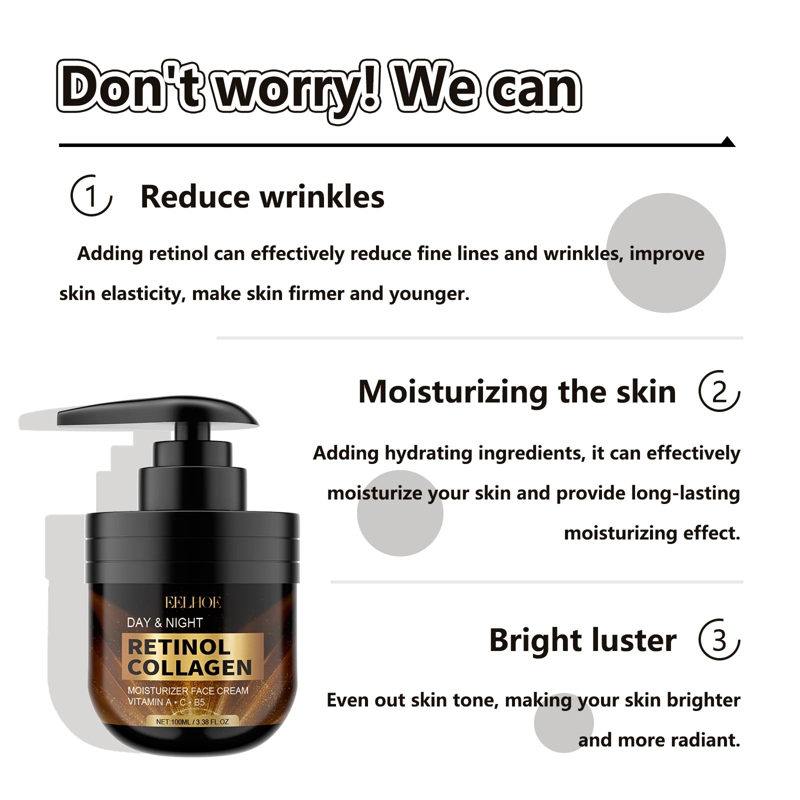 EELHOE Retinol Face Cream Wrinkle Remover Fade Freckle Shrink Pores Moisturizing Day And Night Cream for Face Skin Firming 100ml