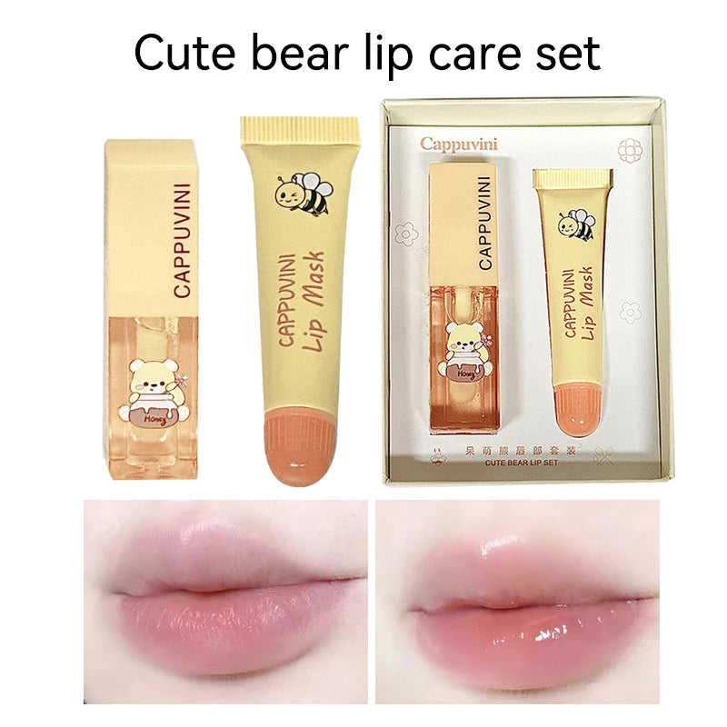 Cappuvini Honey Lip Care Set | Lip Wrinkle Reduction Softening Dead Skin Exfoliating | Mild Ingredients Non-Irritating Moisturizing Lip Oil Lip Mask | For Students