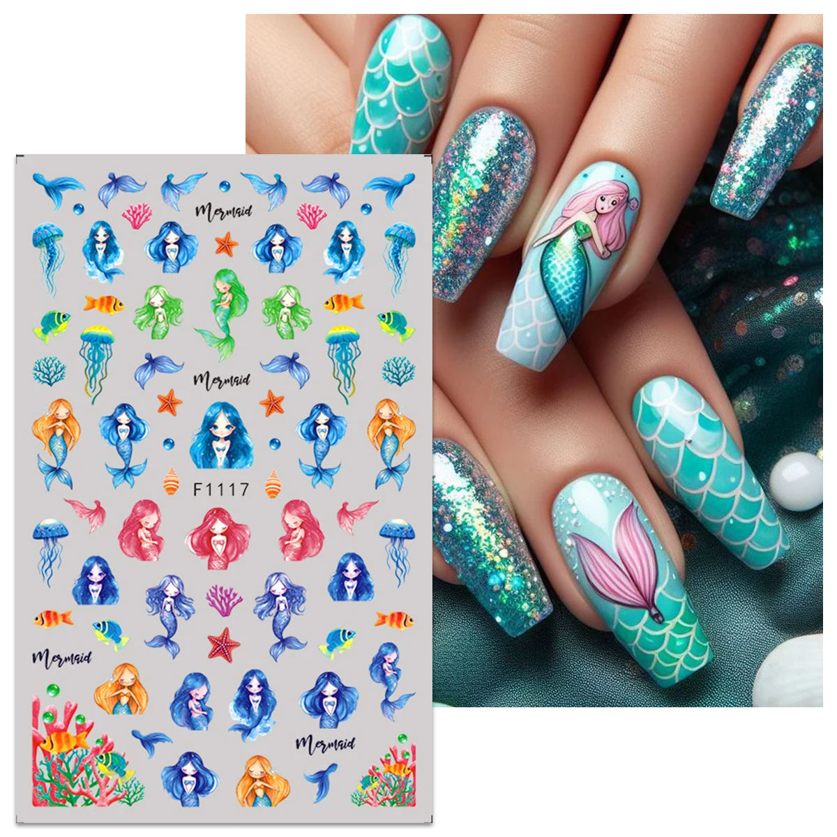 5pcs Summer Ocean Jellyfish Goldfish Mermaid Nail Art Stickers, Art Nail Art Decals, Easy to Apply Nail Decoration, DIY, Gift,