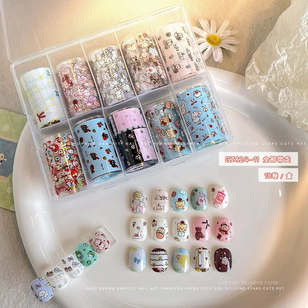 10Rolls Plaid Thousand-Bird Bow Stars Nail Foils Transfer Paper Nail Art Stickers Manicure Set Decal Nails Decoration