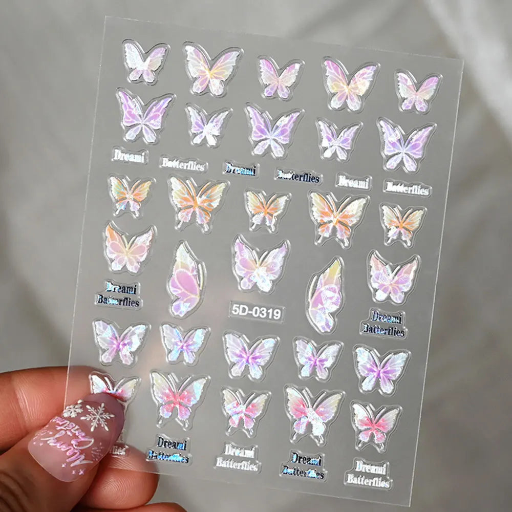Pink Purple Aurora Shell Butterfly Nail Stickers Shiny Laser 3D Butterflies Nail Decals 8*10cm Adhesive Aurora Shell Butterfly N