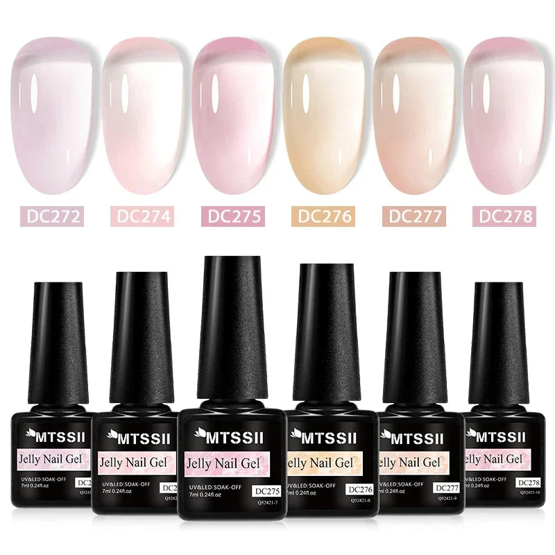 MTSSII 6Pcs/Set Jelly Gel Nail Polish Jelly Transparent Pink Green Black Blue UV Gel Nail Art Varnish Kit Spring Manicure Nails