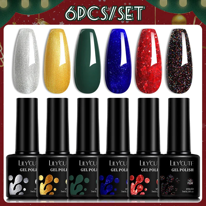 LILYCUTE 6PCs/Set Gel Nail Polish Set Kit Glitter Nail Gel Sequin Vernis Semi Permanent For Manicure Varnish UV LED Nail Art Gel