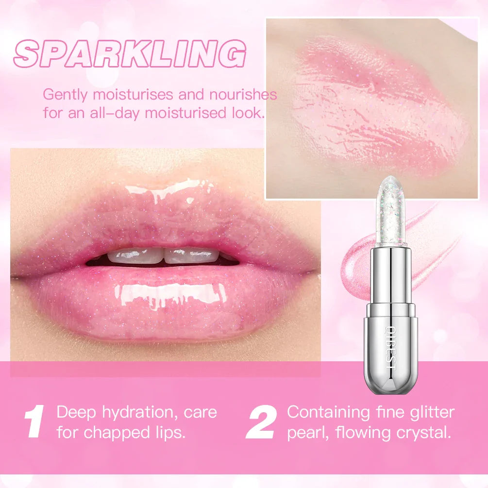 QIBEST Glitter Lipstick Lip Balm Color Change Transparent Moisturizing Crystal Jelly Pearlescent Lip Plumper Gloss Tint Cosmetic