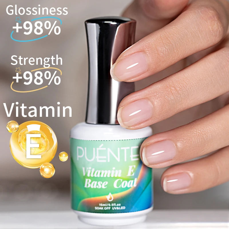 PUENTE 15ML Vitamin E Base Coat Gel Nail Polish For Soft Thin Breaking Nails Strengthen Soak Off UV Gel Varnish For Nail Care
