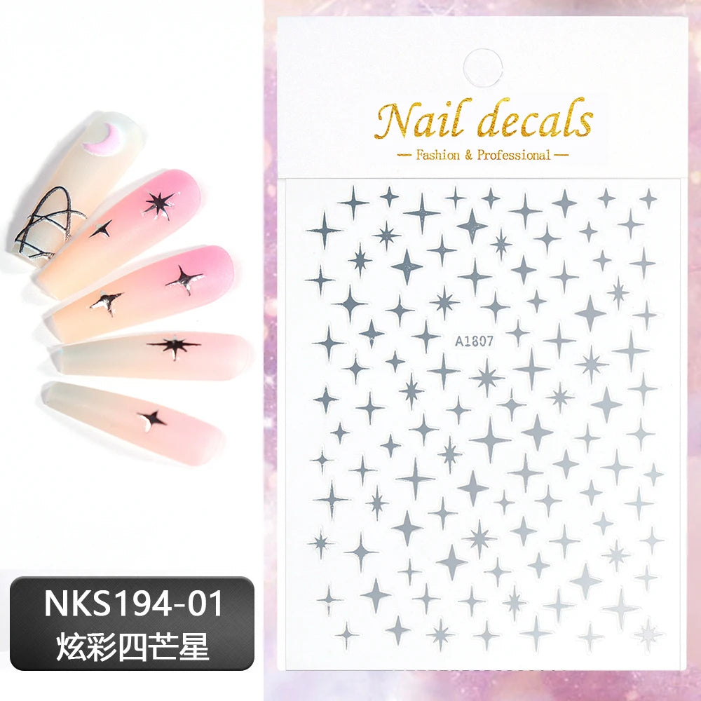 3D Gold Silver Star Nail Art Stickers Black White Crescent Moon Decals Self Adhesive Slider Polish Stickers Manicure Decoration