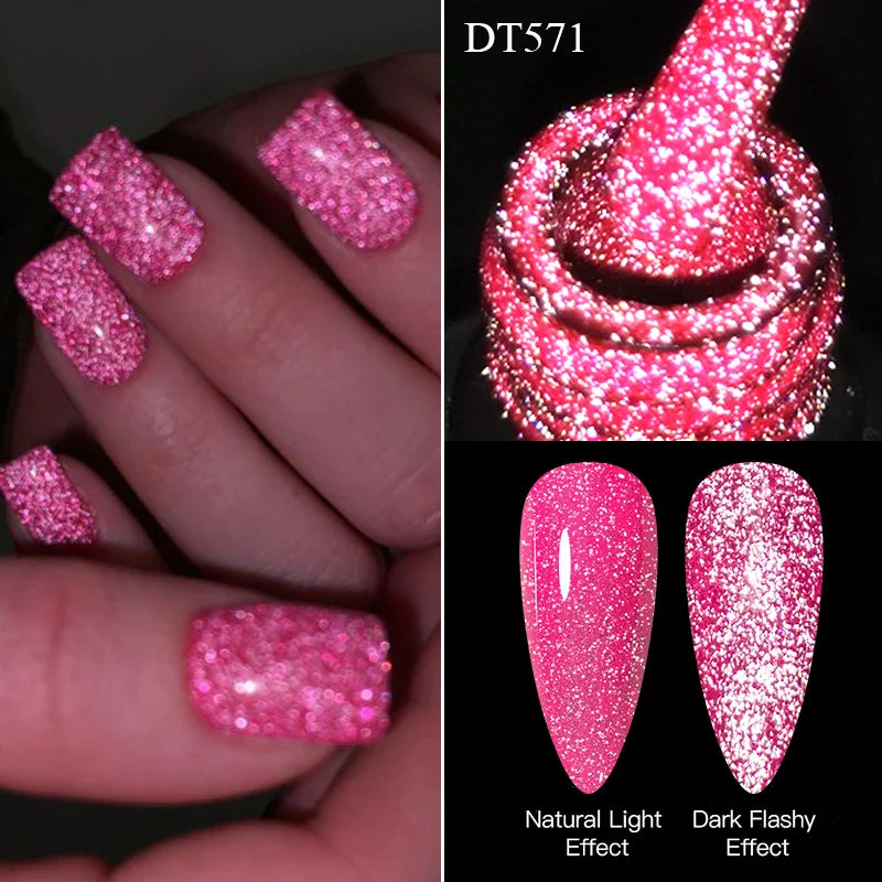 MEET ACROSS 7ml Pink Fluorescent Reflective Gel Nail Polish Glitter Neon Semi Permanent UV LED Gel Nail Art Varnish Manicure