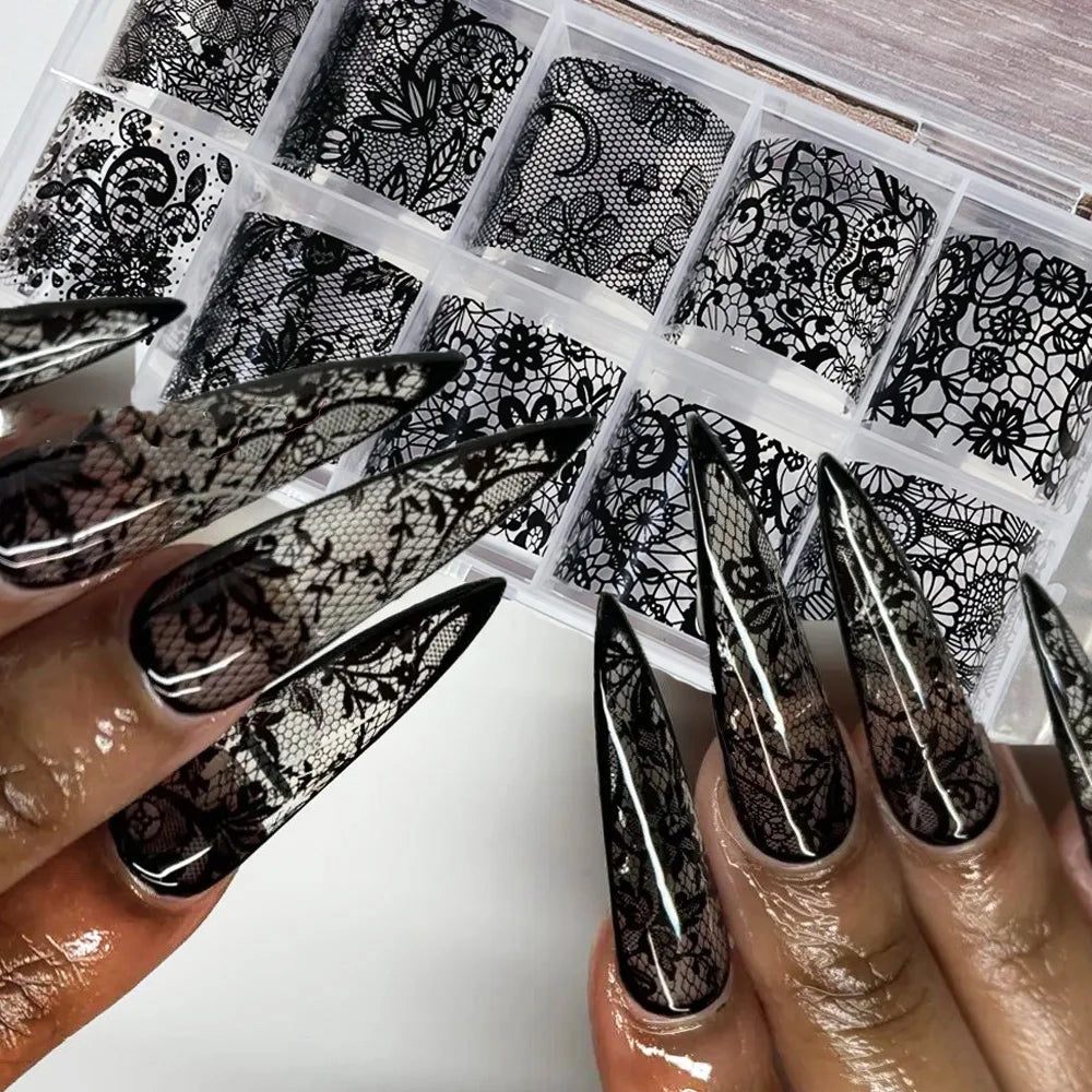 10Rolls/box White&Black Sexy Lace Flowers Nail Art Foils 4x25cm Lace Transfer Foils Starry Sky Paper DIY Women Lace Slider&*&