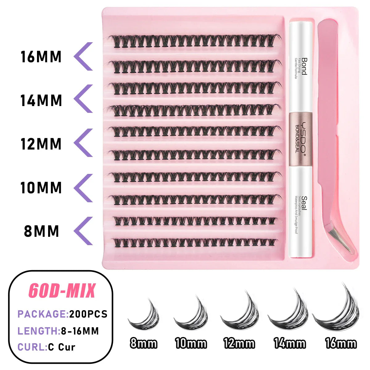 Lash Clusters Set DIY Lashes Extension Kit Individual Eyelash Kit 5-16mm Lash Clusters with Bond and Seal and Lash Applicator