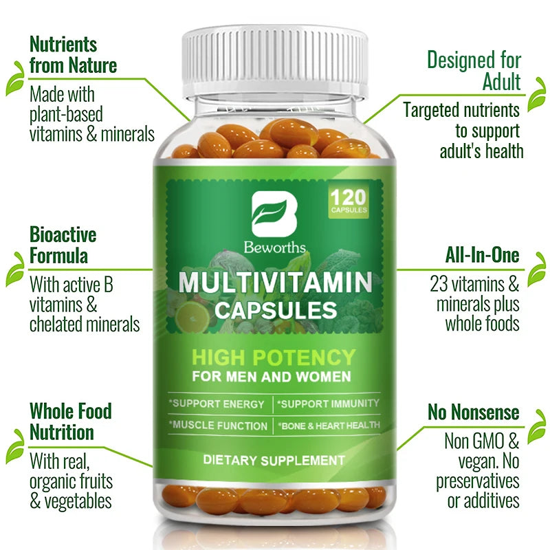 BEWORTHS Multivitamin Capsules Support Brain, Nerve &Digestive Health Improve Focus Relieve Stress Protect Heart,Bone,Skin& Hair