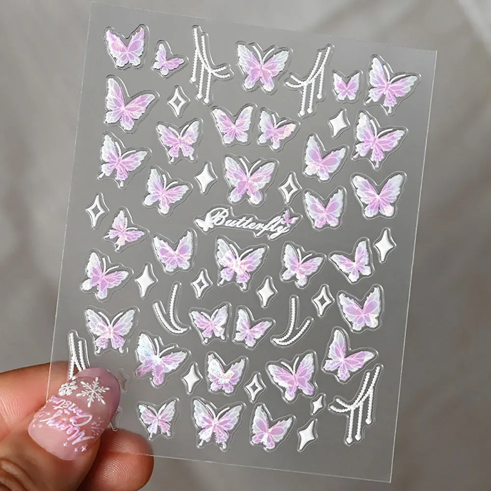 Pink Purple Aurora Shell Butterfly Nail Stickers Shiny Laser 3D Butterflies Nail Decals 8*10cm Adhesive Aurora Shell Butterfly N