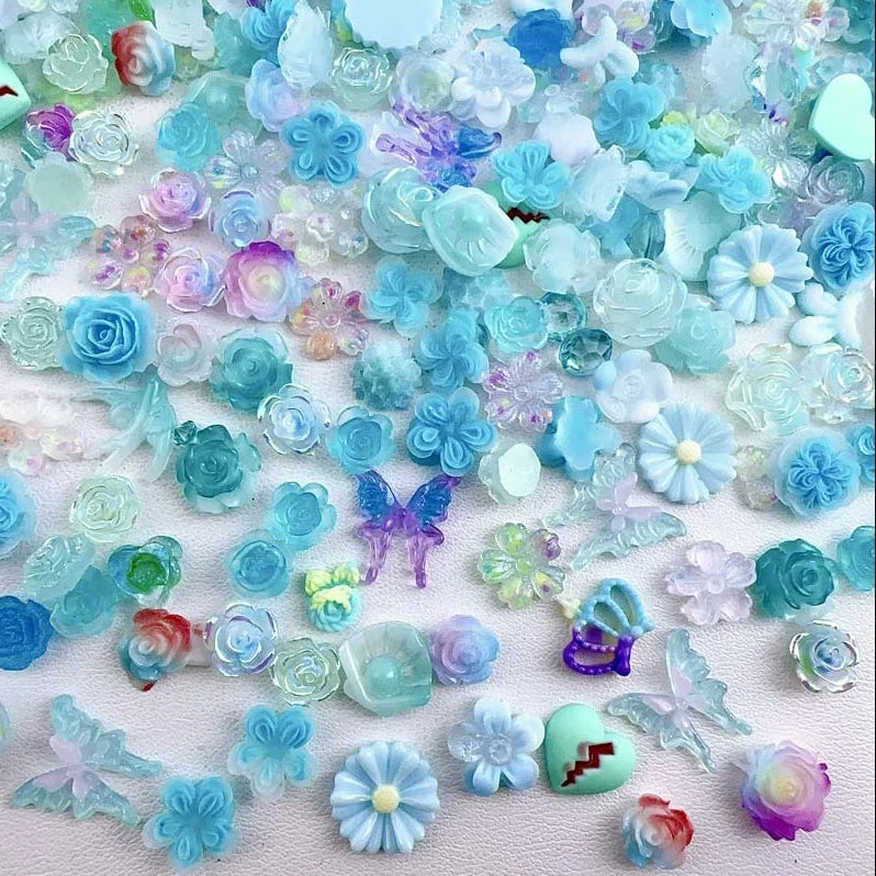 100Pcs Mixed Cute Cartoon Nail Charms 3D Resin Flower Bow Fruit Nail Art Decorations Manicure DIY Phone Case Accessories