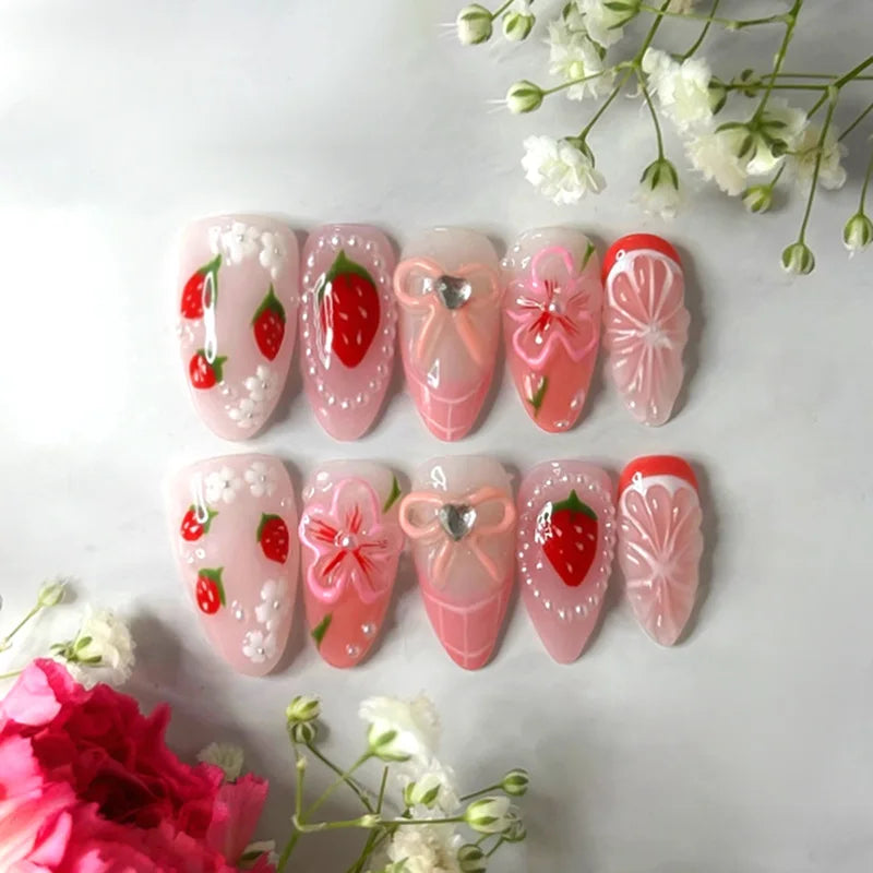 24pcs Wearable False Nail Strawberry Bow Design Nails Tips Red Short Almond Pearl Starlight Fake Nail Art Flower Press on Nails