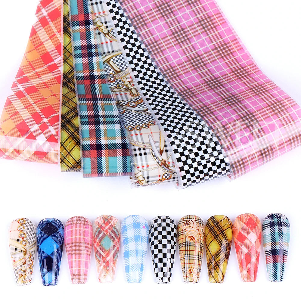 10PCS Plaid Nail Art Foil Transfer Paper Black White Grid Animal Plaid Print Pattern Nail Sticker Manicure Decals Decorations
