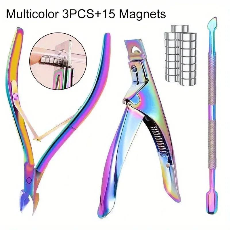 15PCS Powerful Magnet Cylindrical Multi-functional Cat Eye Magnet+3Pcs Stainless Steel Nail Clippers Manicure Set Nail Cuticle