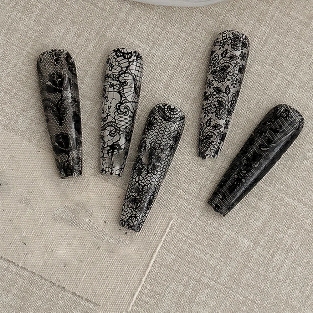 10Rolls/box White&Black Sexy Lace Flowers Nail Art Foils 4x25cm Lace Transfer Foils Starry Sky Paper DIY Women Lace Slider&*&