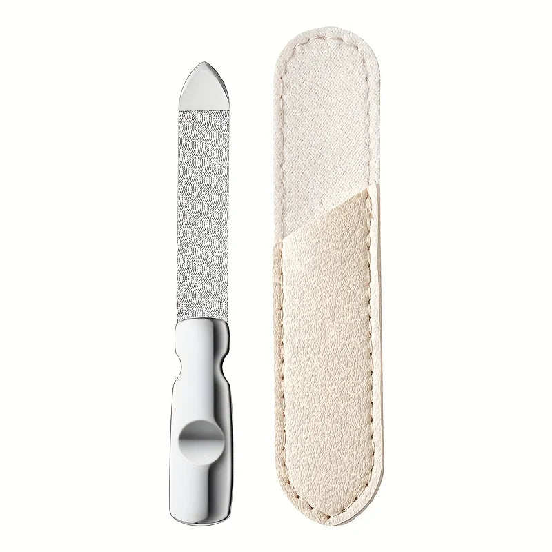 Stainless Steel Nail Files with Leather Case, Double Sided Metal Nail Files with Anti-slip Handle, Metal Nail File Buffer