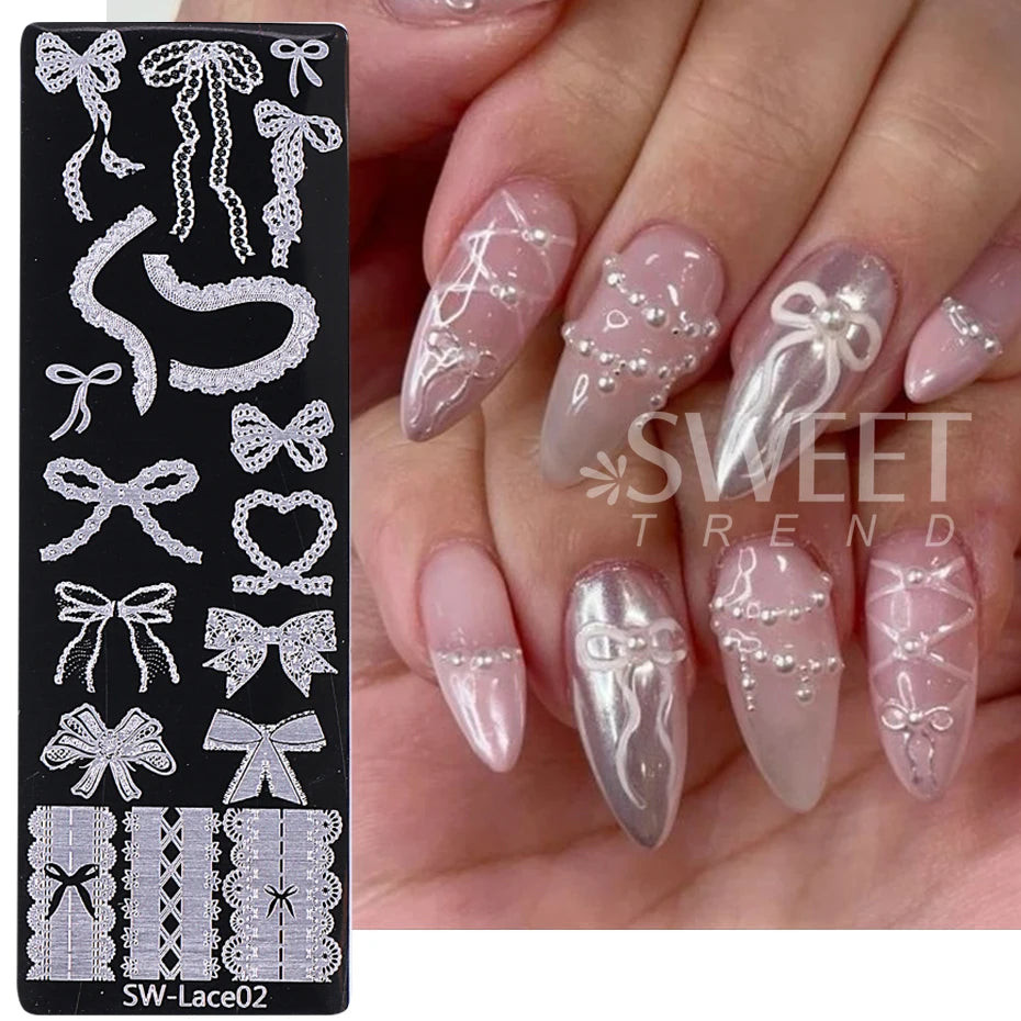4pc Lace Flower Nail Art Stamping Plates 3D French Bow Rose Polish Printing Template Plate Floral Nail AStencils Manicure Tools