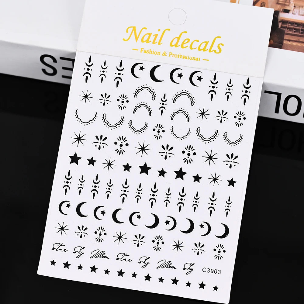 3D Gold Silver Star Nail Art Stickers Black White Crescent Moon Decals Self Adhesive Slider Polish Stickers Manicure Decoration