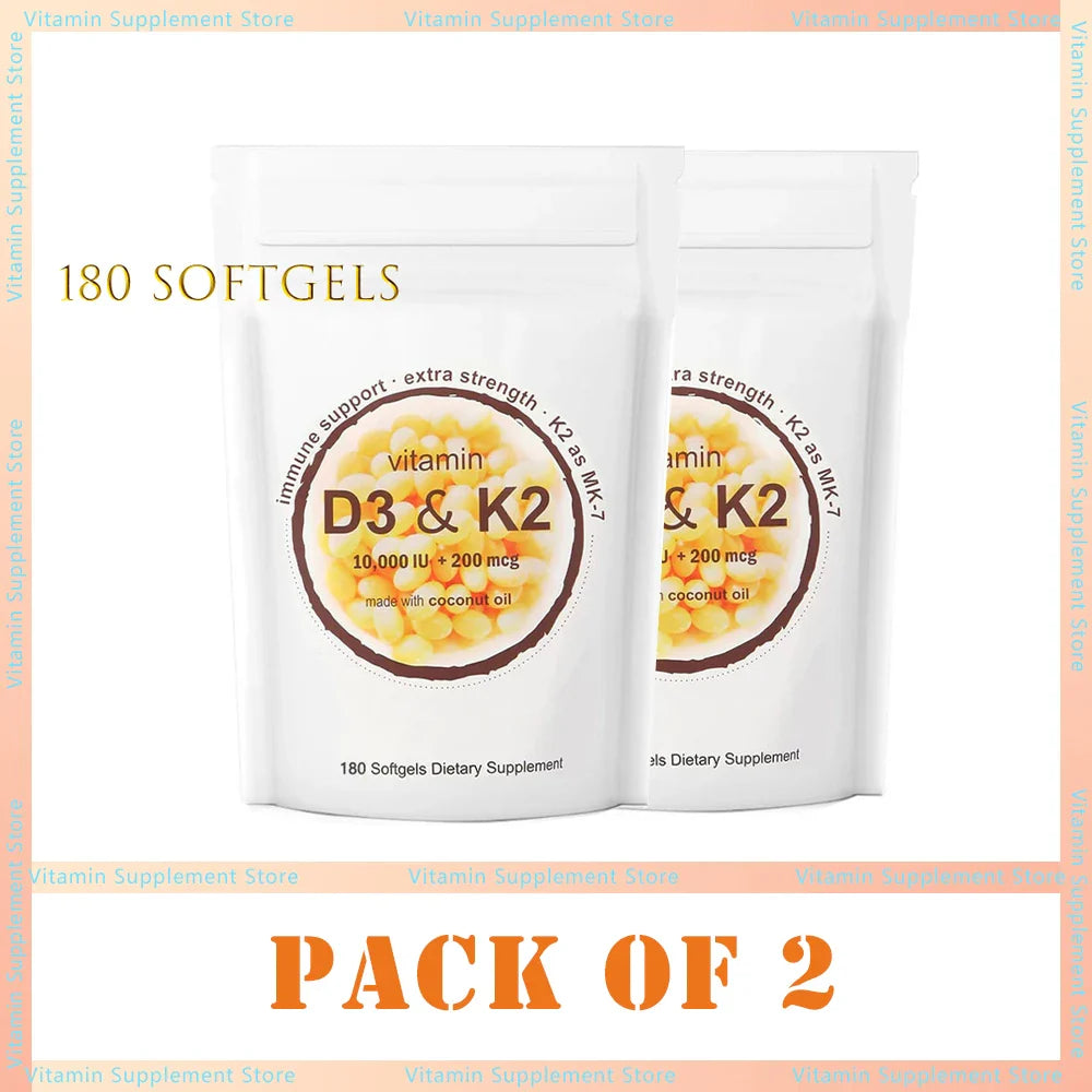 Vitamin D3 K2 10000 IU 300 Coconut Oil Softgels, 2 in 1 Vitamins Supplement D & K (MK7) Supports Calcium Absorption, Bone Health