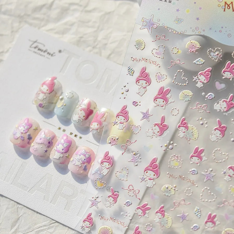 1PCS New Color Laser Hello Kitty Cartoon 5D Nail Stickers Sanrio Cinnamoroll Pochacco Nail Art Supplies DIY Nail Art Stickers