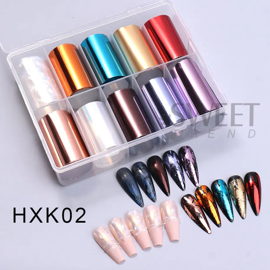 10 Roll/Box Metallic Mirror Nail Foils Holographic Gold Silver Champagne Transfer Stickers DIY Charm Starry Paper Manicure Decor