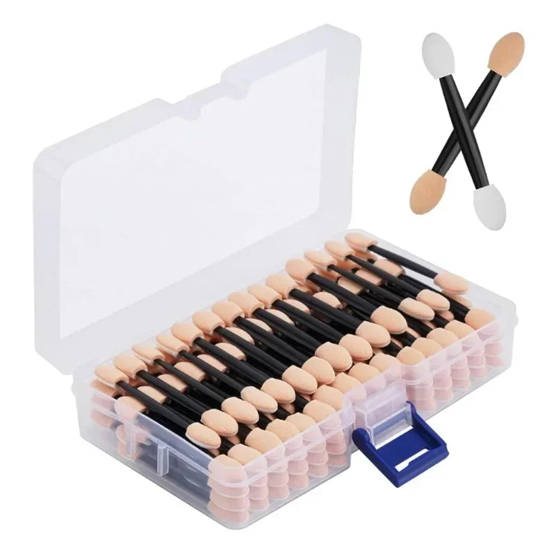 Cuttte 50/100PCS Disposable Dual Sides Eye Shadow Sponge Applicators with Container, Length Eyeshadow Brushes Makeup Applicator