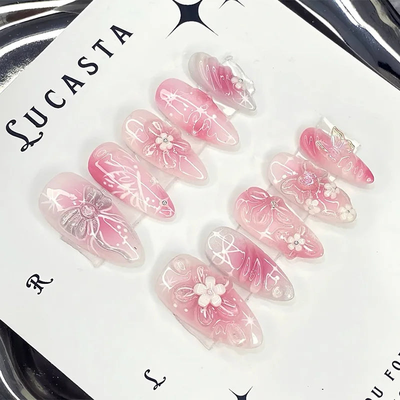 24pcs Wearable False Nail Strawberry Bow Design Nails Tips Red Short Almond Pearl Starlight Fake Nail Art Flower Press on Nails