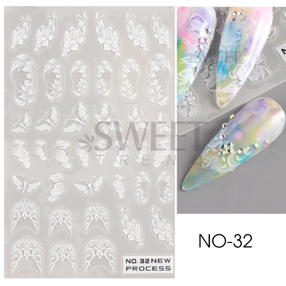 White Lace Flower Nail Art Sticker Acrylic Floral Charm Adhesive Sliders Elegant Wedding Bride Simple Line Design Manicure Decal