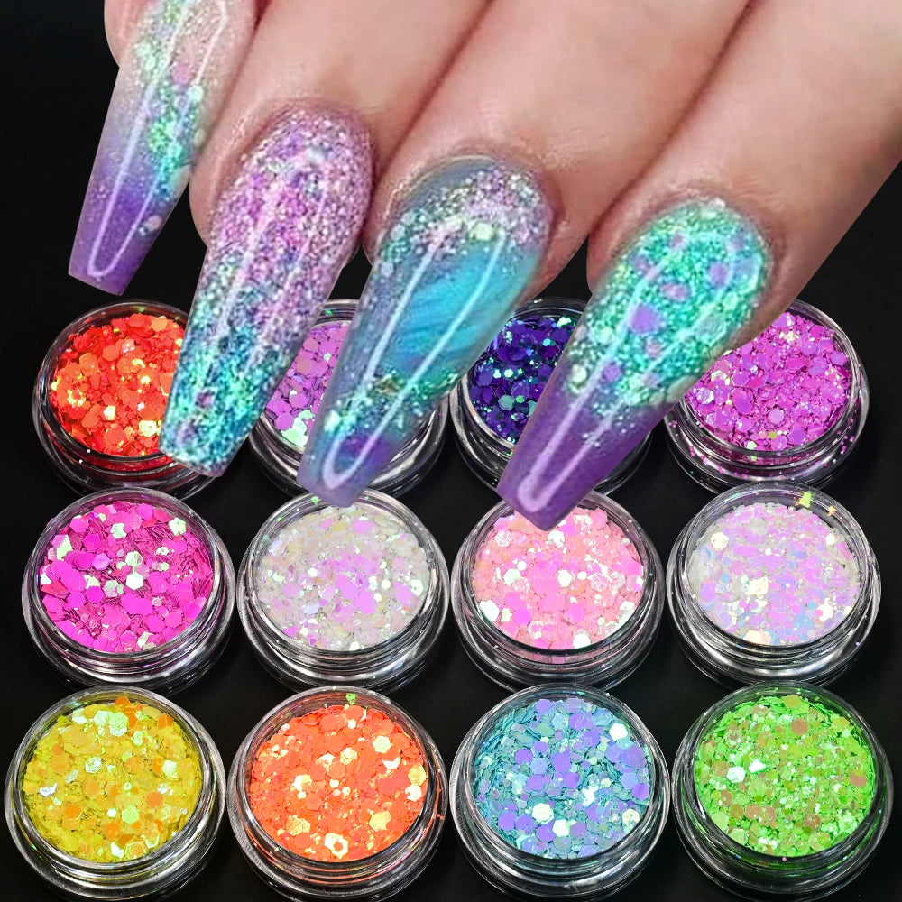 12Pcs Iridescent Nail Art Glitter Sequins Holographic Mix Hexagon Chunky Flakes DIYGel Polish Crafts Manicure Decorations Powder