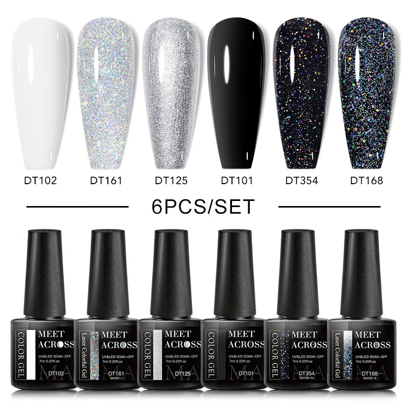 MEET ACROSS 6PCS/SET Macaron Series Gel Nail Polish Set Glitter Semi Permanent UV Nail Kit Base Matte Top Coat Nail Art Manicure