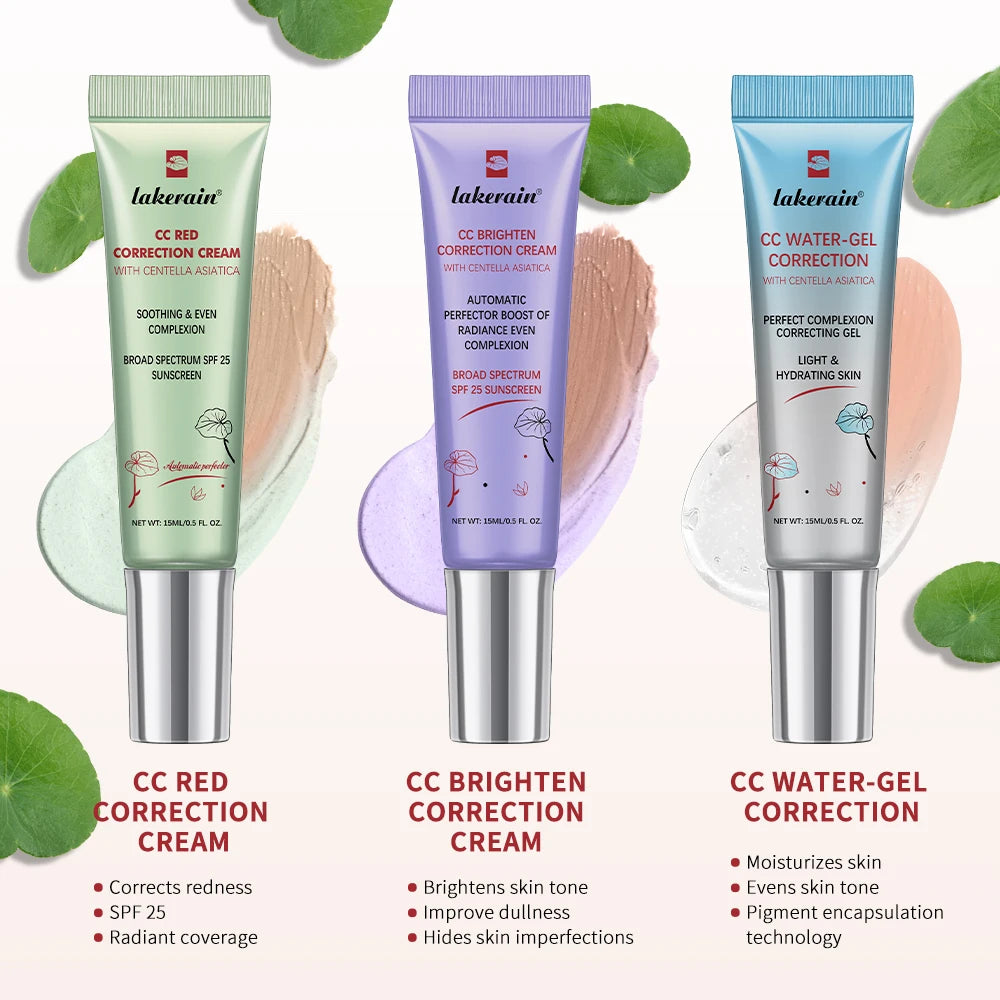 Lakerain CC Correcting Cream Brighten Water-gel Red Correction 3 Functions Cover Blemishes CC Cream Women Face Base Makeup