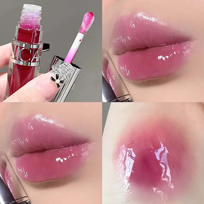 Mirror-like, moisturizing glass lip gloss with long-lasting, clear, plumping, and lip line-reducing properties. Lip gloss.