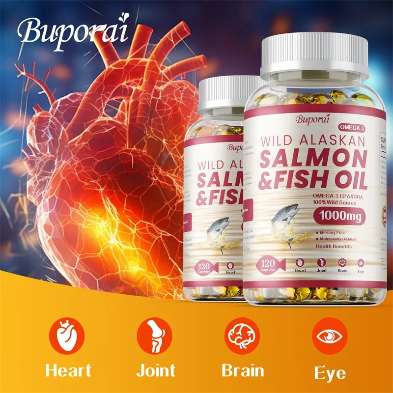 Salmon Fish Oil - Supports Brain and Nervous System, Cardiovascular and Skin Health, Antioxidant, Memory Enhancement