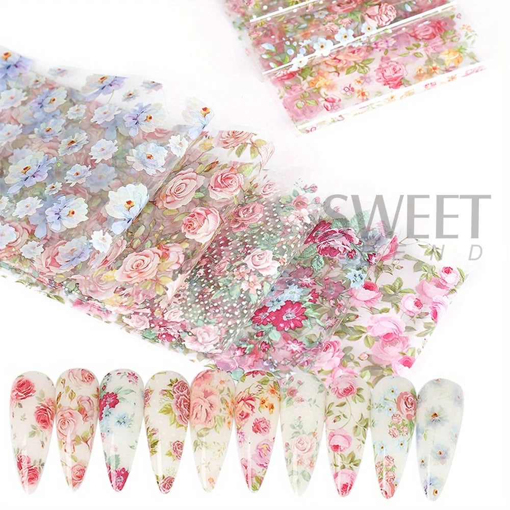 10PCS Mixed Nail Art Foils Transfer Sticker Set Rose Flower Designs Floral Starry Sky Nail Wraps Wedding Summer Manicure Decor