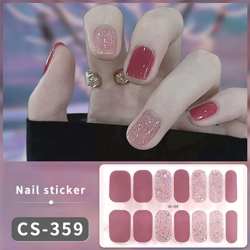 Pink Glitter Design Baking-free Nail Stickers French Style Solid Color Adhesive Full Cover Nail Strip Slider DIY Manicure Decals