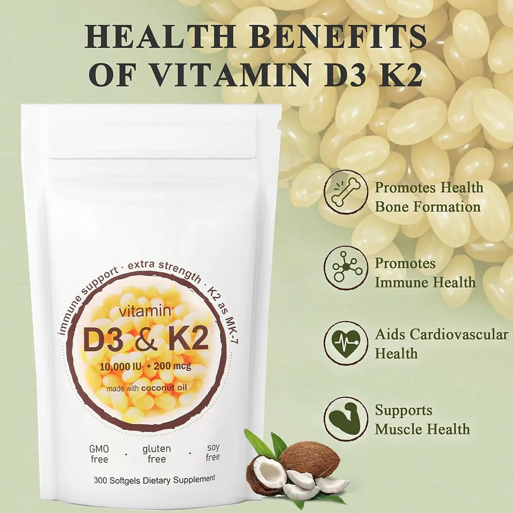 Vitamin D3 K2 10000 IU 300 Coconut Oil Softgels, 2 in 1 Vitamins Supplement D & K (MK7) Supports Calcium Absorption, Bone Health
