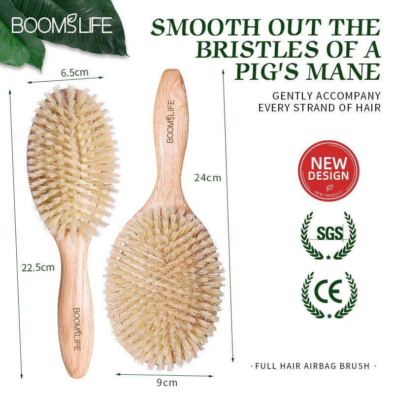 BOOMSLIFE Soft Boar Bristle Hair Brush Women Custom Scalp Massage Detangle HairbrushOak Wood Comb for Hair Barber Accessories