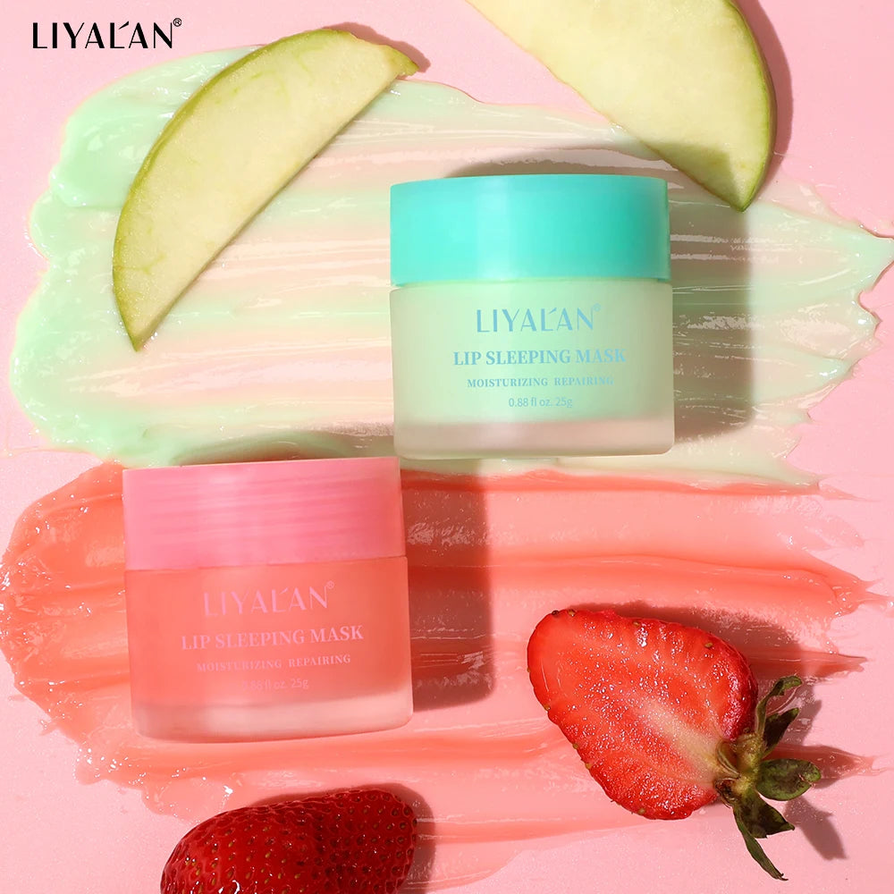 LIYALAN Lip Sleeping Mask Night Lips Care Collagen Moisturizer Smooth Dryness Nourishing Lip Line Cream Fruit Pink Lip Balm 25g