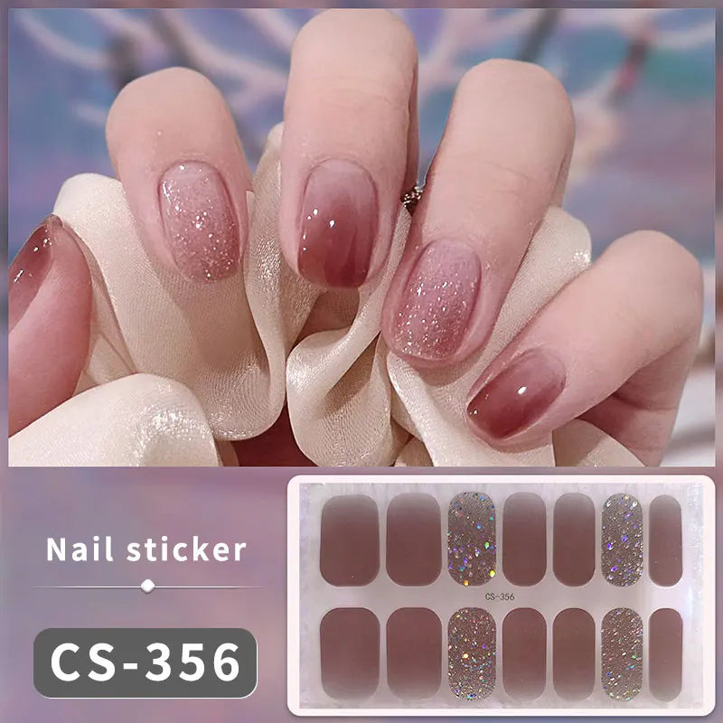 Pink Glitter Design Baking-free Nail Stickers French Style Solid Color Adhesive Full Cover Nail Strip Slider DIY Manicure Decals