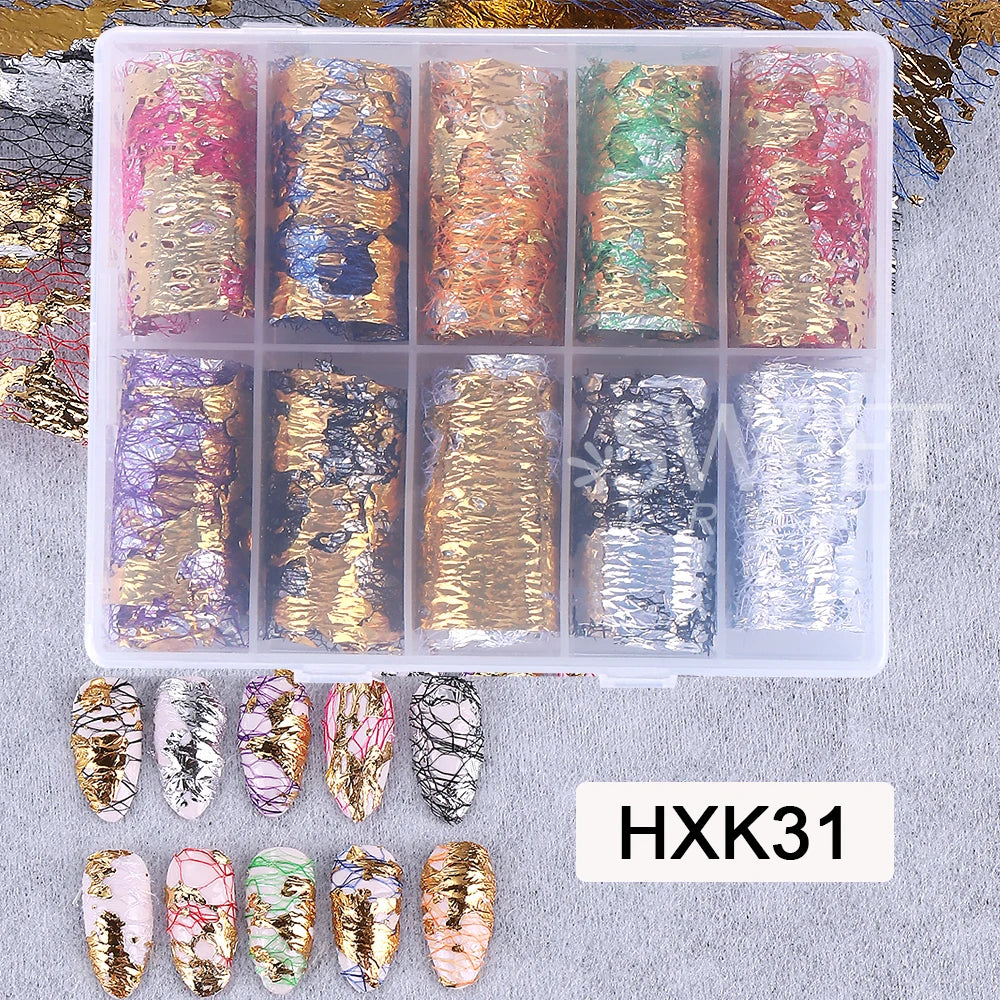 1Box-10pcs Golde Silver Aluminum Nail Foils Paper Nail Art Sticker Decals 3D Mesh Line DIY Design Adhesive Manicure Decorations