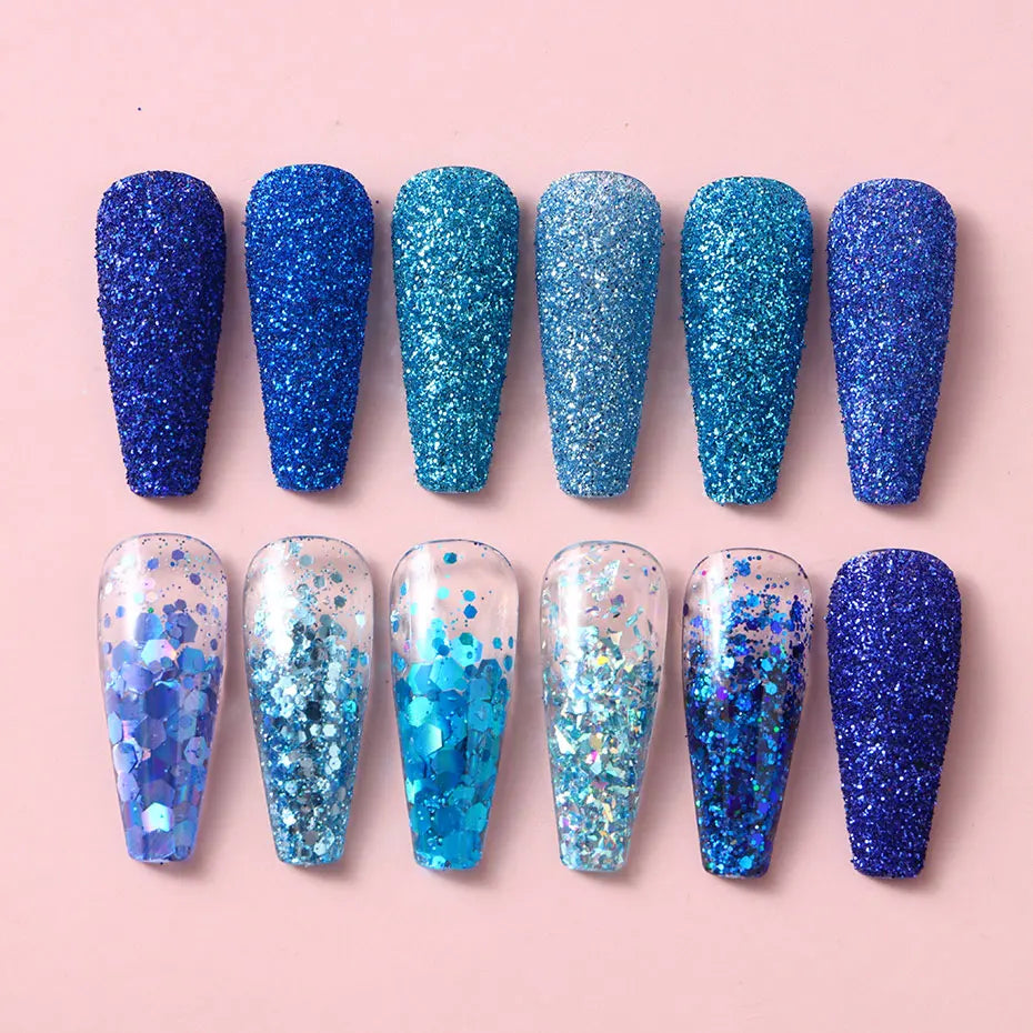 12Grid Royal Blue Mixed Glitter Nail Flakes Holographic Hexagon Irregular Sequins Sliced Sparkly Pigment Powder Manicure Decor