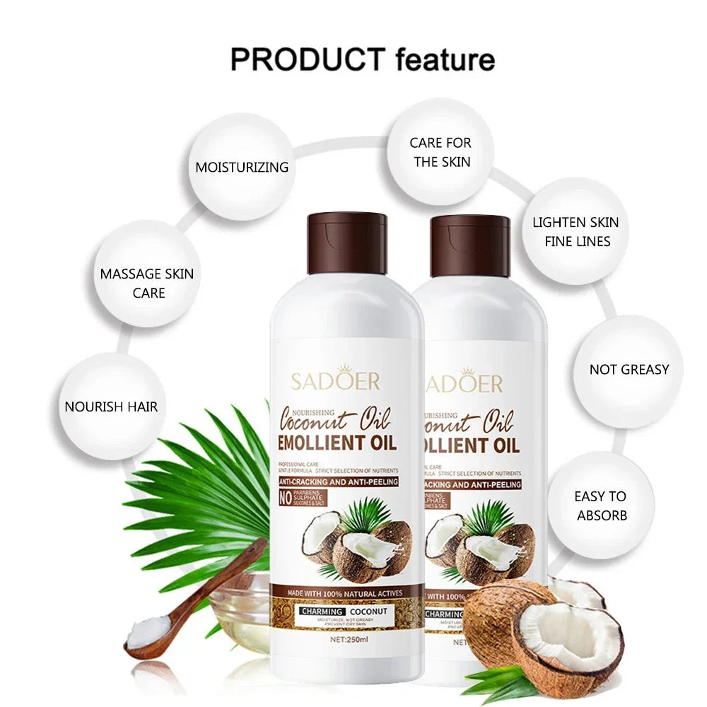 250ml Coconut Sooth Dry Skin Lighten Fine Lines Face Massage Oil Nourishes Hair Removes Frizz Hair Care Oil Firming Body Oil