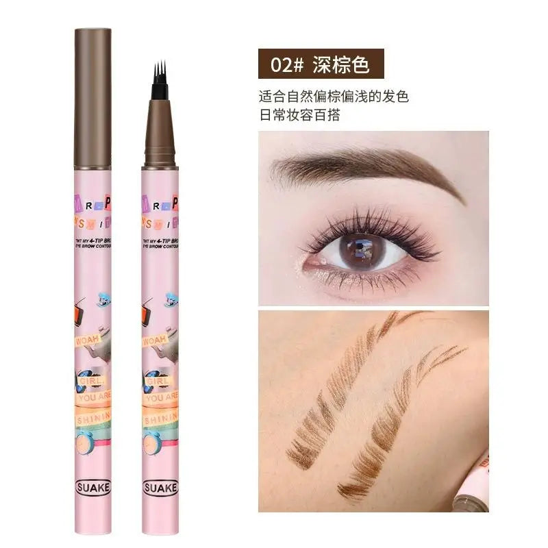 4 Colors Waterproof Eyebrow Pen with 4-Fork Tip – Long-Lasting, Natural Dark Brown Liquid Brow Enhancer