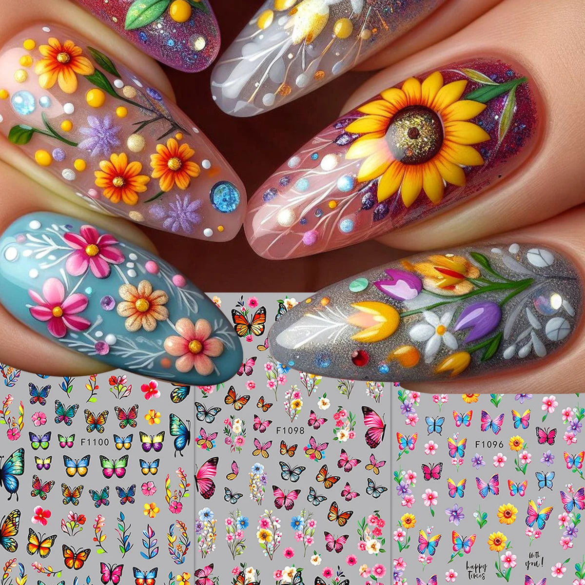 Spring and summer flower butterfly nail stickers, easy to apply for nail decoration DIY, gifts, party and wedding makeup styling