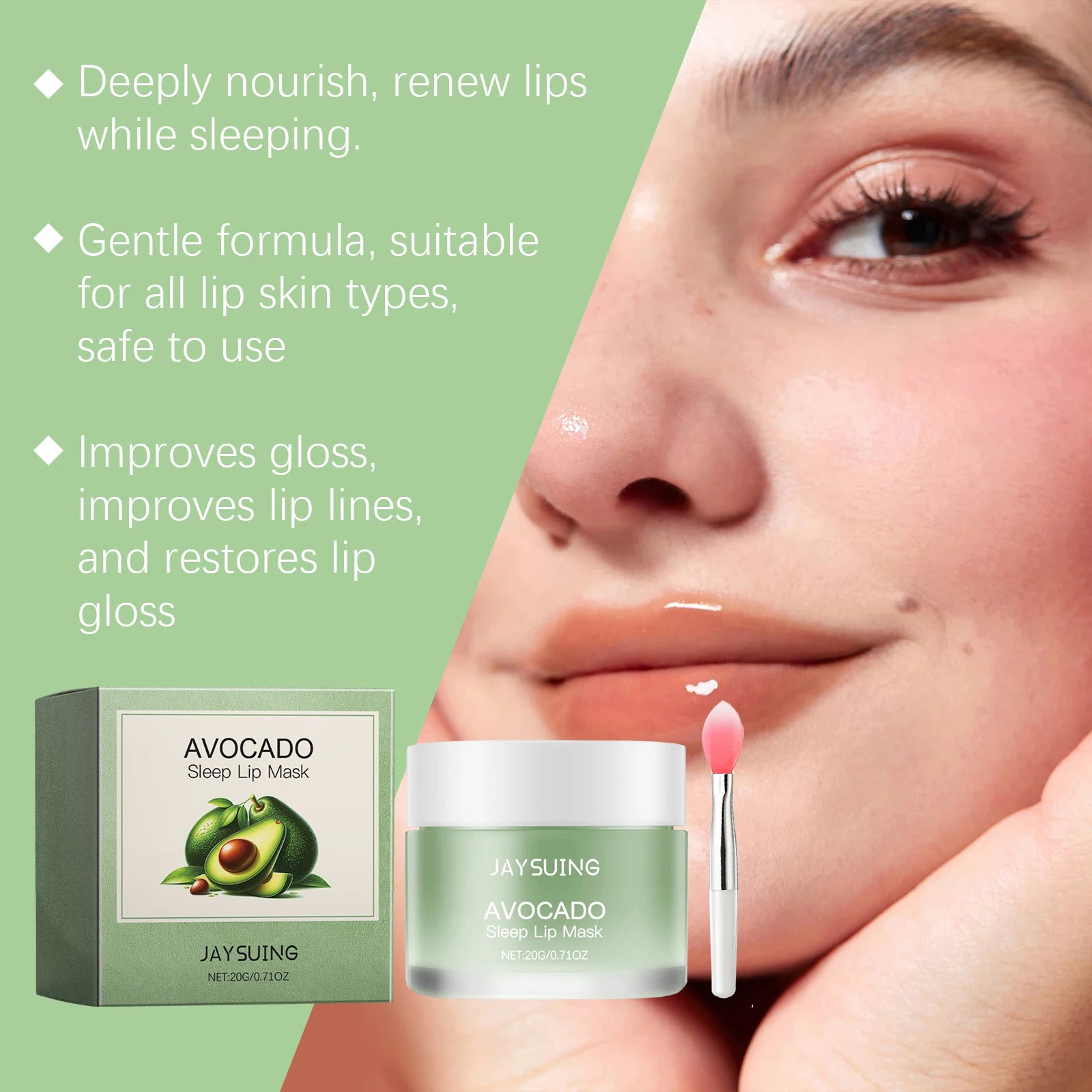 Jaysuing Avocado Overnight Lip Mask Gentle Hydration for Dry Lips Daily Moisturizing Care Treatment Nourishing Non-Sticky Balm